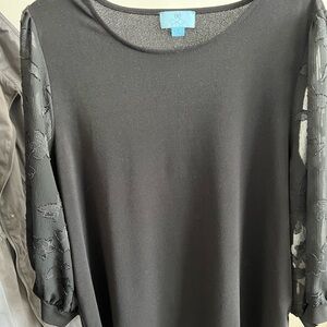 CeCe Black Blouse with Sheer Floral Sleeves